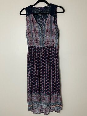 Artesia Sleeveless Navy Patterned V-Neck w/ Crochet Midi Dress Boho Flowy Size L